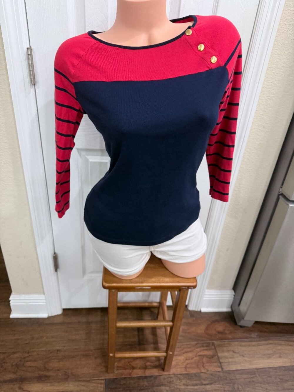 Lauren Ralph Lauren Petite PM Nautical Striped Top Navy Red Gold Buttons